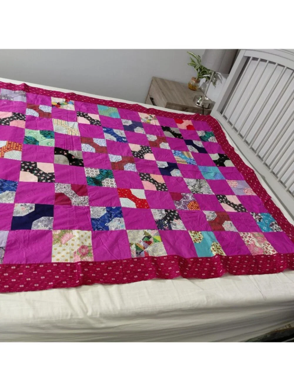 Handmade Patchwork Bow Tie Quilt Top ONLY 54x89 Pink Red Scrappy Multicolor